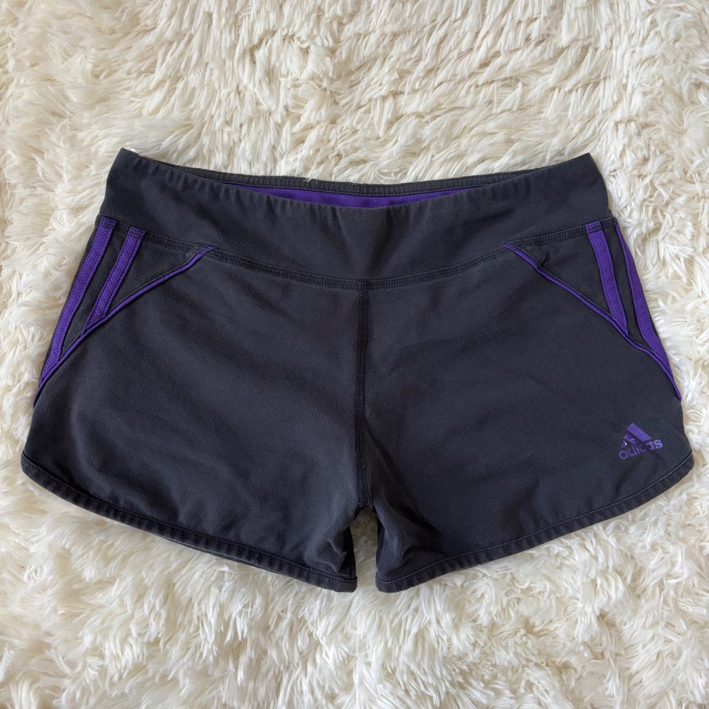 Adidas Womens Black Purple Athletic Running Shorts Size Medium Logo Mesh Trim